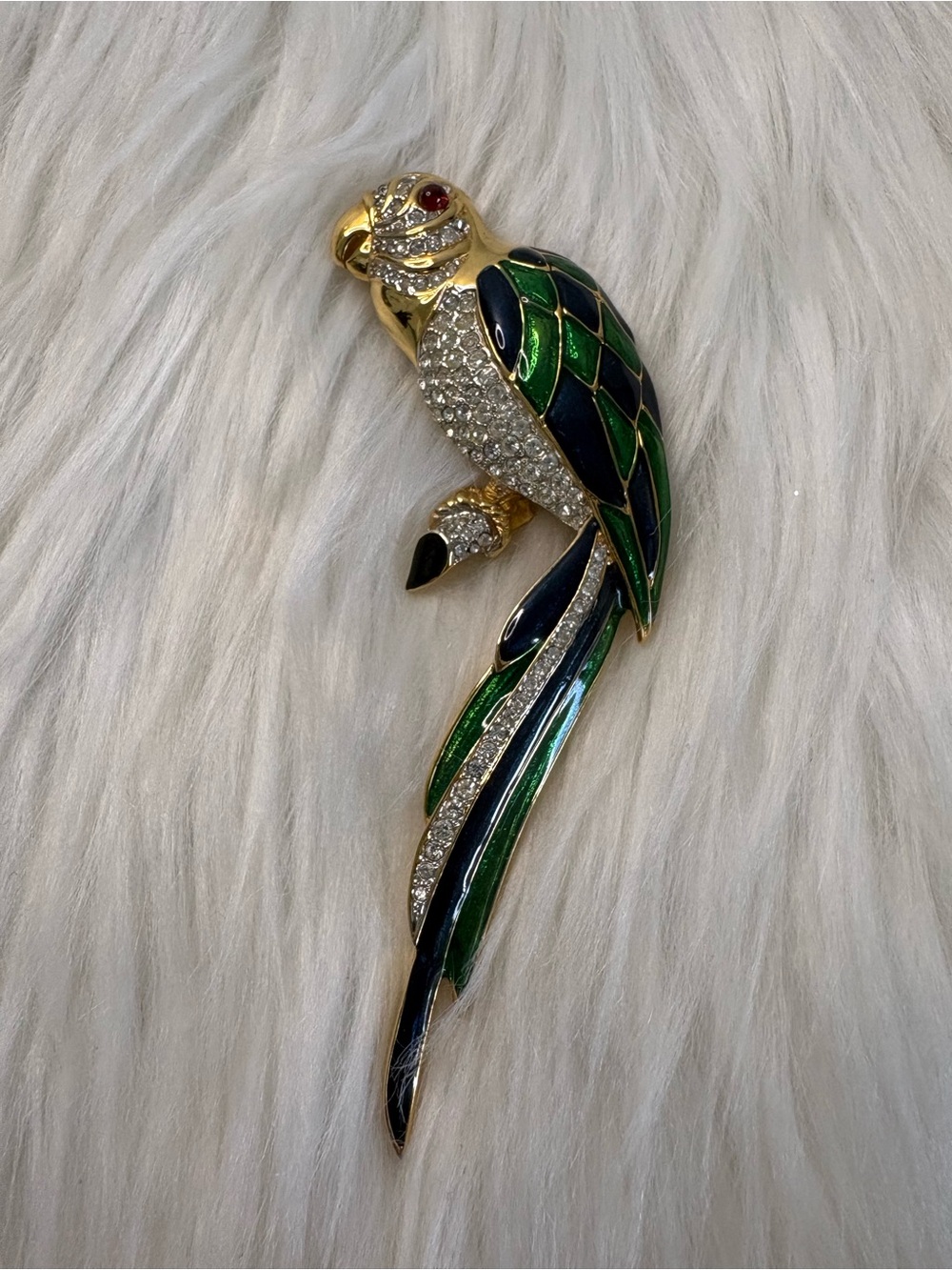 (198)Vintage Green & Navy Enamel Rhinestone Parrot Brooch D’Orlan 1970’s